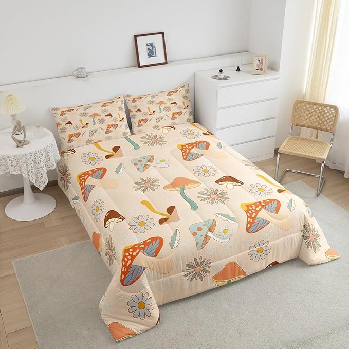 Castle Fairy 60s 70s Retro Mushroom Comforter Set Full Size,Groovy Flowers Floral Bedding Comforters for Girls Teens Gift,Boho Art Quilt Set with 2 Pillowcases,Chic