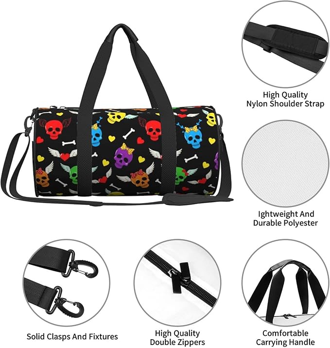 Duffle Bag Lightweight Unisex Carry On Small Gym Bag Sports & Travel Duffel Bags Colorful Funny Cartoon Skulls Love Hearts for Men and Women