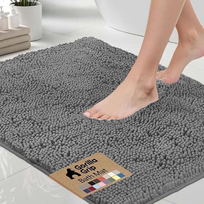 GORILLA GRIP Bath Rug Mat 48x24, Thick Soft Absorbent Chenille, Quick Dry Microfiber Mats, Rubber Backing Washable Shower Floor Rugs, Bathmat Runner, US Designed Bathroom Home Decor Accessories Grey