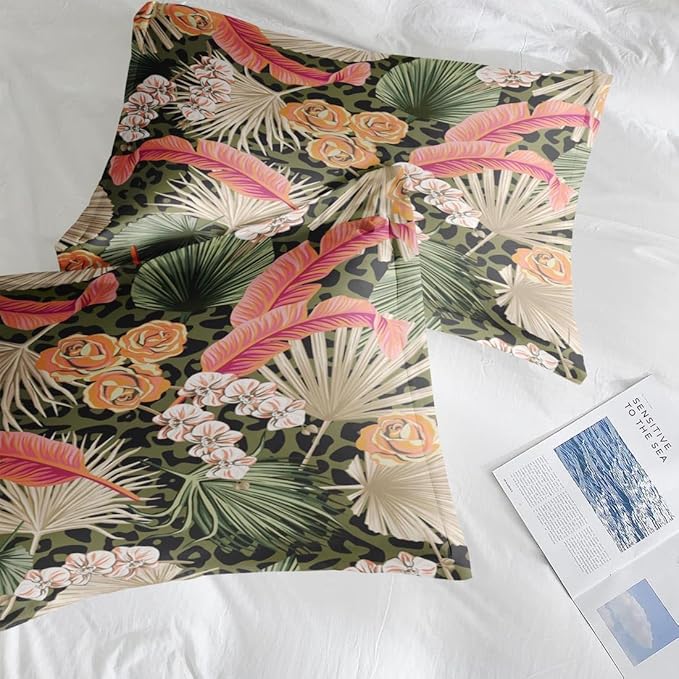 Comforter Set Full Size, Summer Tropical Flowers 7 Pcs Bedding for Kids and Adults, Hawaiian Palm Leaf Leaves Bed Sheet Sets with Fitted Sheet 2 Pillowcase & 2 Sham for Bedroom Bed Decor