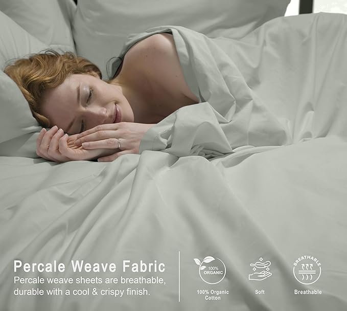 RUVANTI 100% Organic Cotton Sheets Twin XL, Percale Weave, GOTS Certified, 3-Piece Set, Deep Pocket 15", Crisp & Breathable, Soft Durable Bedding, Sábanas Algodón Orgánico – Mineral Gray