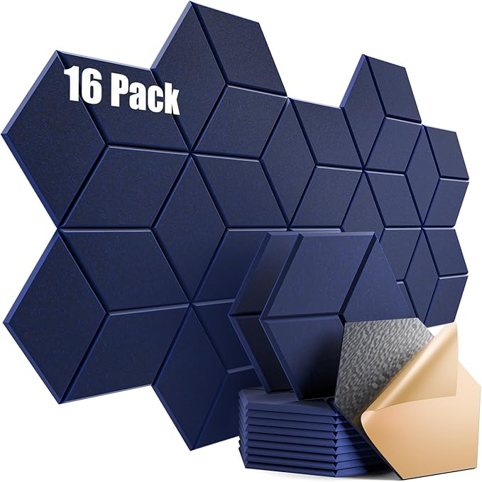 16 Pack Self-Adhesive Acoustic Panels 12" X 10" X 0.4" - Sound Proof Foam Panels for Wall with High Density, Y-Lined Design, Flame Resistant, Absorb Noise and Eliminate Echoes(Dark Blue)