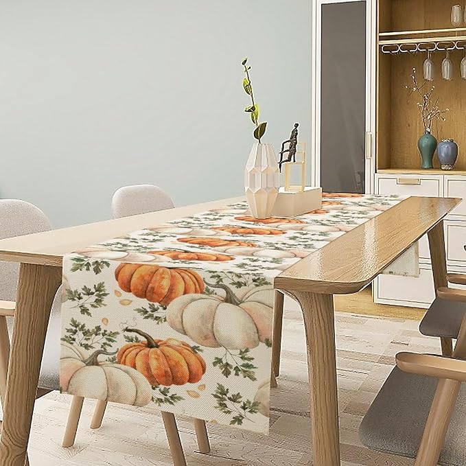 Fall Pumpkin Table Runner White Orange Vegetables Seeds Parsley Watercolor Hand-Painted Illustration Home Decor for Farmhouse Indoor Outdoor Party Holiday Dining Kitchen Restaurant Cafe W13xL108in