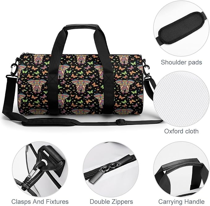 Foldable Gym Bag Elephant Butterfly Art Lightweight Travel Sports Bag Carry On Weekender Overnight Bags Beach Yoga Bags