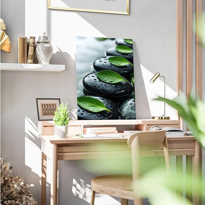 Glittering black stone cluster with fresh green leaves and water drops poster tranquil mist rain wall art zen wall art suitable for modern minimalist home decor 20x30in Frameless
