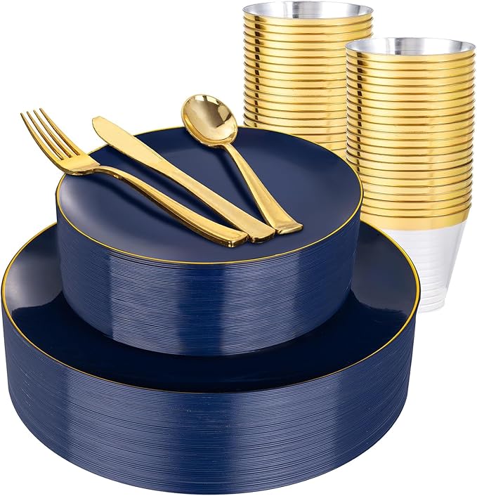 WDF 150pcs Blue plastic Plates - Navy Blue Plates Disposable - 25guest Disposable Dinnerware Sets for Hanukkah/Party/Wedding/Birthday