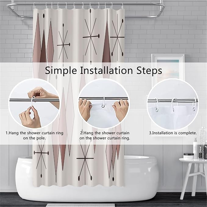 Mid Century Shower Curtain Abstract Light Brown Diamond Geometric Atomic Starburst Pattern Beige Backdrop for 1950s Retro Bathroom Decor Shower Curtain Set with 12 Hooks, 72x78 Inches