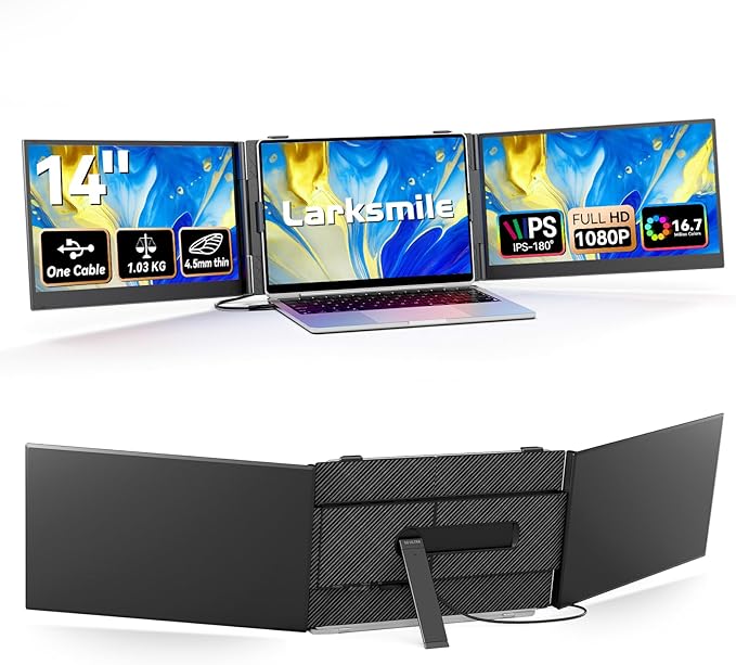 Larksmile Triple Screen Laptop Monitor Extender, One Cable Setup 14-inch IPS Triple Monitor, FHD 1080P Extra Multi-Screen Attachment, Portable Travel External Display for Laptop Mac Windows