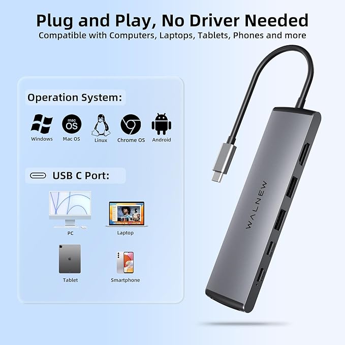 USB C Hub, WALNEW 7 in 1 USB-C Docking Station with 4K HDMI,100W PD, 3 5Gbps Data Ports(1 USBC & 2 USB 3.0),TF/SD Card Reader, USB Hub for Laptop, MacBook Pro/Air/Mac/Dell/HP/ASUS/Acer/Steam Deck