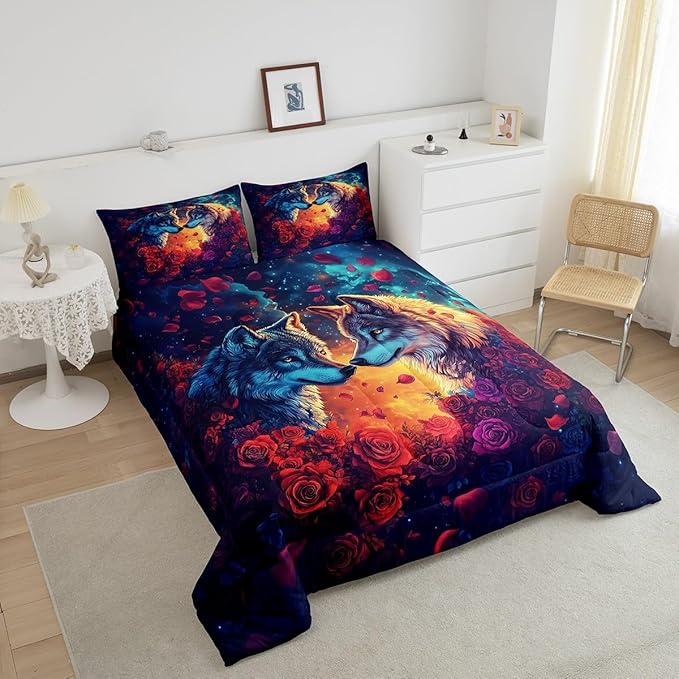 Wolf Full Size Comforter Set,Wild Animal Print Couple Theme Reversible Bedding Comforters Bedroom Collection,Romantic Red Rose Flowers Watercolor Galaxy Bedding Set for Girls Teens