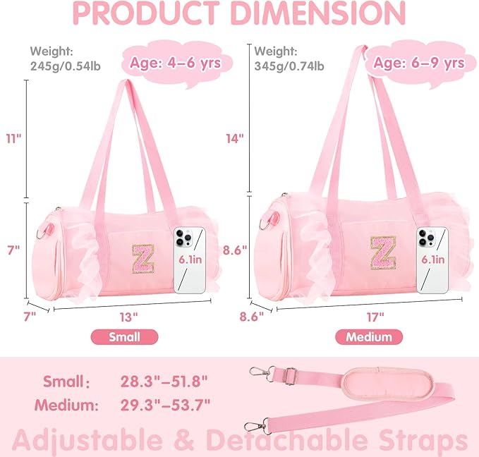 Personalized Initial Dance Bag for Girls 6-9, Medium Lace Gym Sport Yoga Cheer Dance Bags Gift for Teen Girls, Cute Letter Kids Ballet Bag Toddler Travel Duffel Tote with Adjustable Straps(Pink-Z)