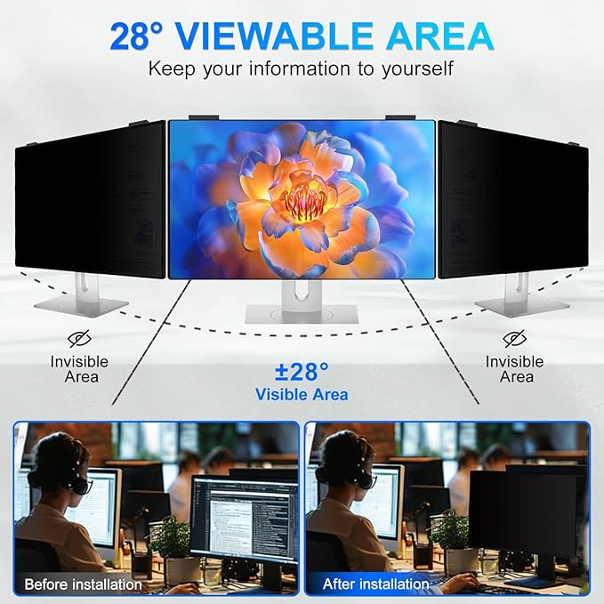 GUDTEKE Magnetic 24 Inch Privacy Screen for Computer Monitor 16:9 Aspect Ratio, Hanging Removable Anti-Blue/Glare Protector Film, Anti Spy Desktop Security Private Filter 24in