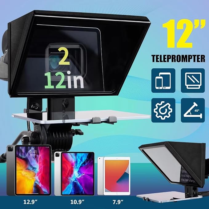 12" Professional Teleprompter Featuring Tempered Optical Glass, Durable All-Metal Build, Remote Control, and Dedicated App — Compatible with Various Smartphones, Tablets, and Cameras
