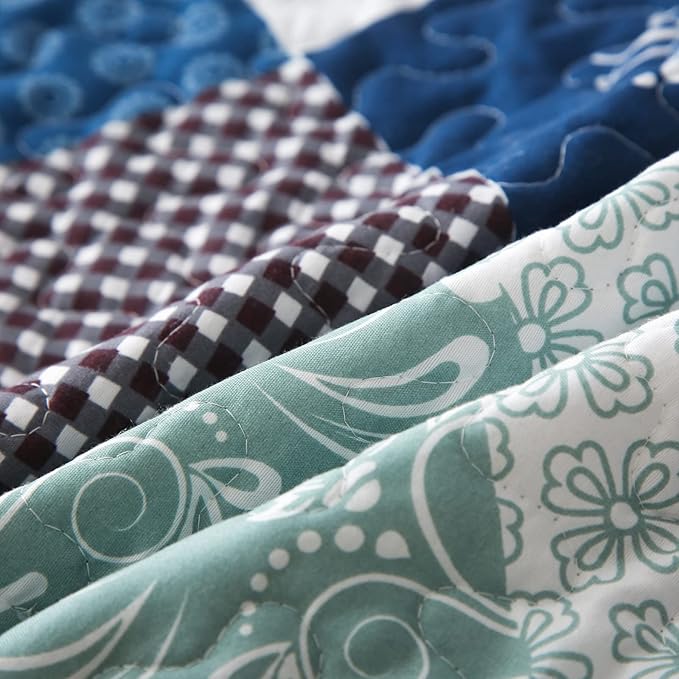 Dinjoy Reversible Patchwork Quilt Bedding Set Queen Size Blue Green Grey Plaid Floral Pattern Bedspread Set Soft Microfiber Coverlets Bed Set 3 Pieces Fall Autumn All Season Use