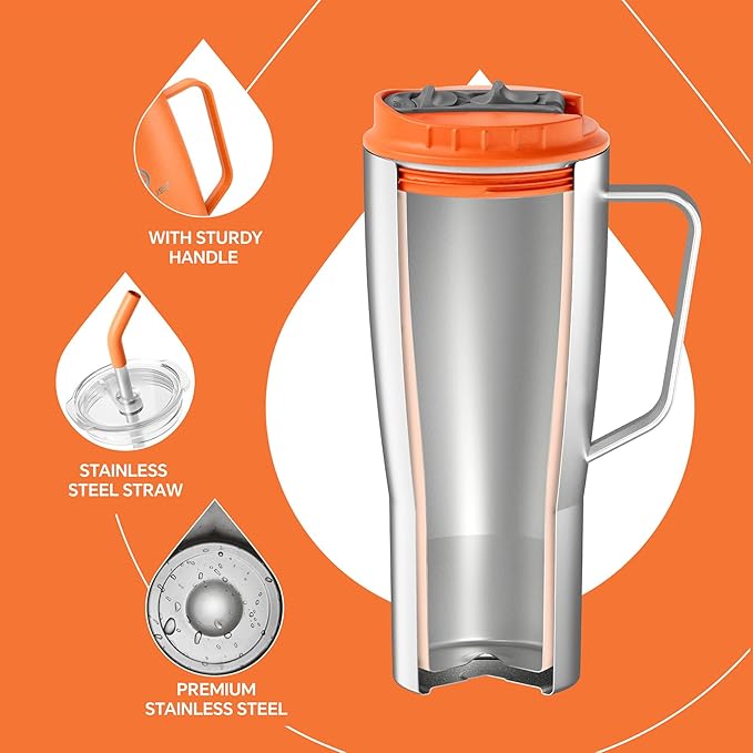 Ideus 32 oz Tumbler with Handle and Straw, Vacuum Insulated Stainless Steel Travel Mug, 100% Leakproof, Cup Holder Friendly, Orange