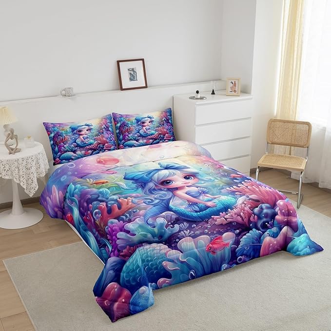 Cute Mermaid Full Size Comforter Set,Beautiful Mermaid Fairy Tale Reversible Bedding Comforters Bedroom Collection,Watercolor Coral Cartoon Undersea World Bedding Set for Girls Teens