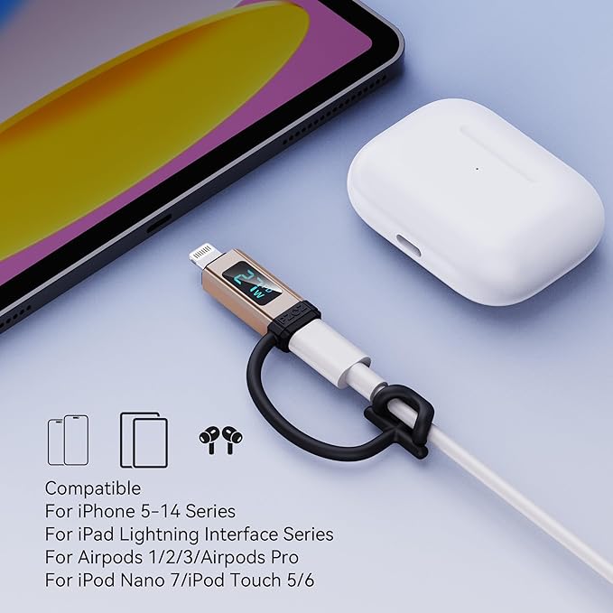 pzoz USB C to Lightning Adapter with LED Display, 27W Type C PD Fast Charging Lighting Adaptor for Phone 14/13/12/11/XS/XR/SE/AirPods, Fits MacBook Charger Cable, Support Data Transfer (1 Pack)