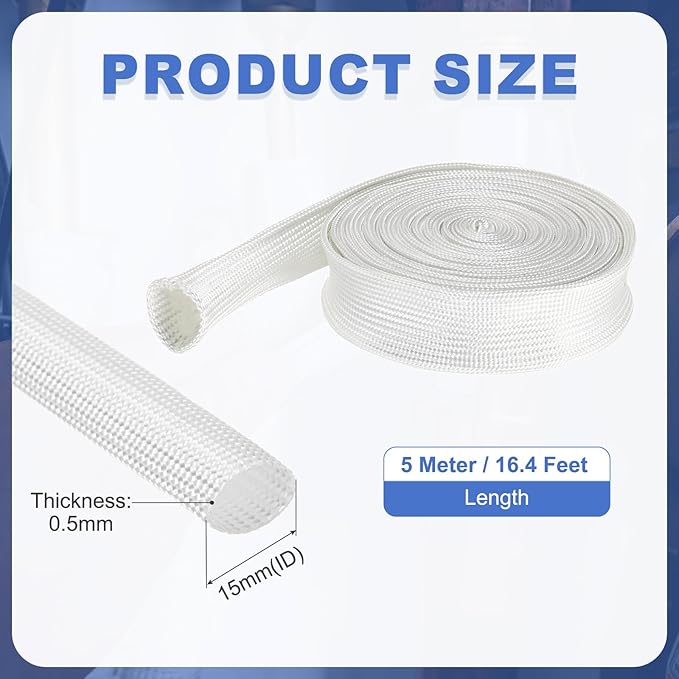 uxcell Insulation Cable Protector,15mm/0.59 Inch-5m/16 Feet High Temp Fiberglass Sleeve White