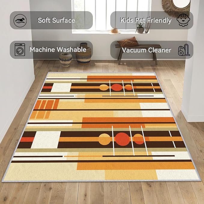 Contemporary Geometric Rug 7x8, Washable Retro Stripe Rugs for Living Room Bedroom, Mid Century Modern Area Rug for Home Decor, Non Slip Backing Floor Carpet with Gripper - 7 x 8 ft