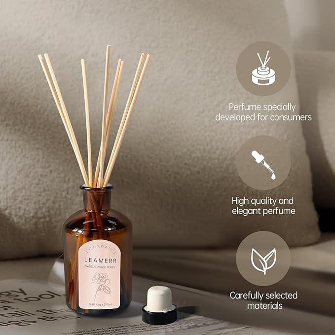 LEAMERR Premium Reed Diffuser Set - 8.8 oz (250 ml) Bedroom Bathroom Living Room Home Fragrance Products Sandalwood Roses Scent 1 Pack
