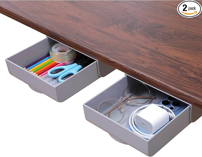 LuluEasy 2 Pack Under Desk Drawer Self-Adhesive Desktop Storage Organizer, Hidden Attachable Slide Out Desk Drawer, Under Table Tray for Pencil Pen Stationery Office Organization, Gray