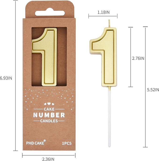 PHD CAKE 2.76 Inch Luxe Gold 1 Number Birthday Candles, Gold Number Candle, Cake Number Candles, Party Celebration