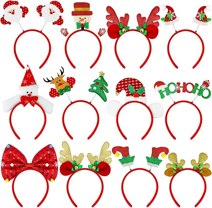 Christmas Headbands Party Favors Supplies for Girls Kids 12 PCS,Funny Holiday Hat Toppers Hair Accessories Photo Booth Props for Decorations,Christmas Party Games Prizes Stuff Trinkets for Women Men