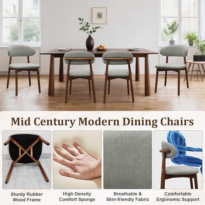Farmhouse Dining Chairs Set of 4, Mid Century Modern Fabric Upholstered Kitchen Chairs, Wooden Dining Room Chair with Curved Back for Kitchen Dining Room Restaurant Cafe, Light Green (Only Chairs)
