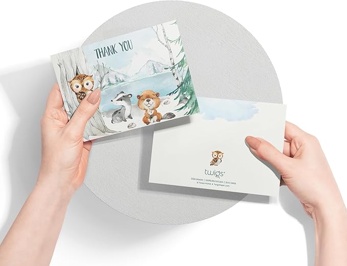 Twigs Baby Shower Thank You Cards with Envelopes - 12 Set Baby Shower Cards for Girl, New Baby Congratulations Cards, Welcome Baby Card, Made in the USA - Forest Animal Designs, 5.5 x 4.25 Inch Size