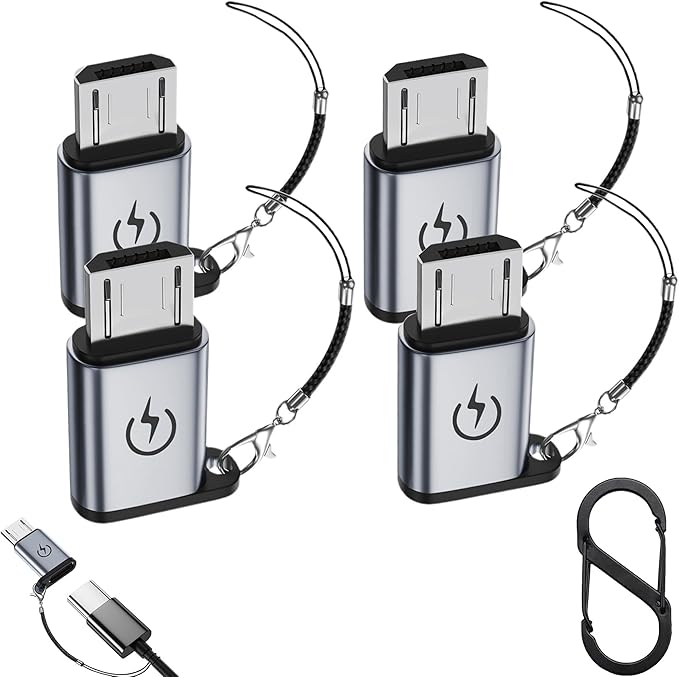 Micro USB to USB C Adapter (4 Pack),Type C Female to Micro Male Conversion Connector,with Lanyard Keychain,Compatible with Samsung Galaxy S7/S7 Edge,Micro USB Devices (Gray)