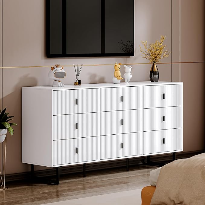 Chrangmay Modern Chest of Drawers with 9 Drawers,Deep Drawers,Clothes Organizer,Large Storage Cabinet for Living Room, Bedroom,Hallway,with Anti-Tipping Device, White