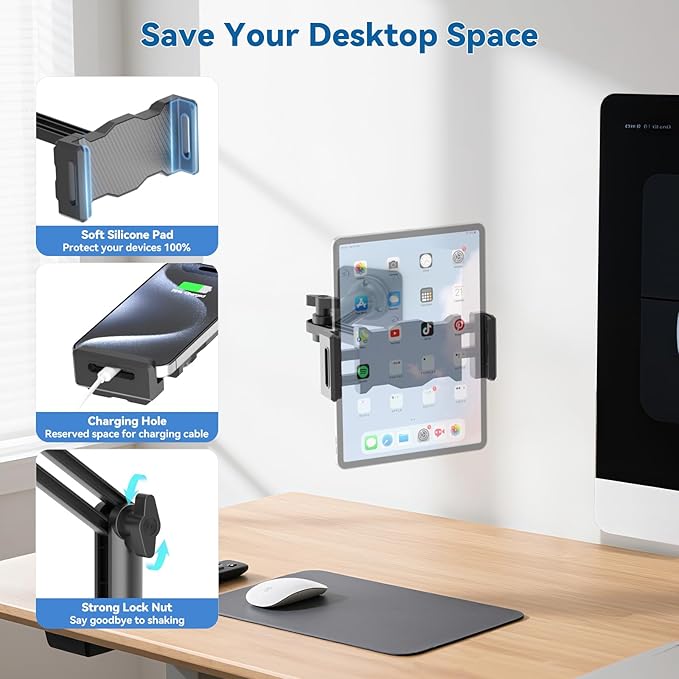 KDD Tablet Wall Mount Holder, Adjustable Extendable Arm iPad Wall Stand with Sturdy Metal Base, 360°Rotating Phone Tablet Bracket Fits iPad Pro Air Mini, Galaxy Tab, All 4.7-13" Phones and Tablets