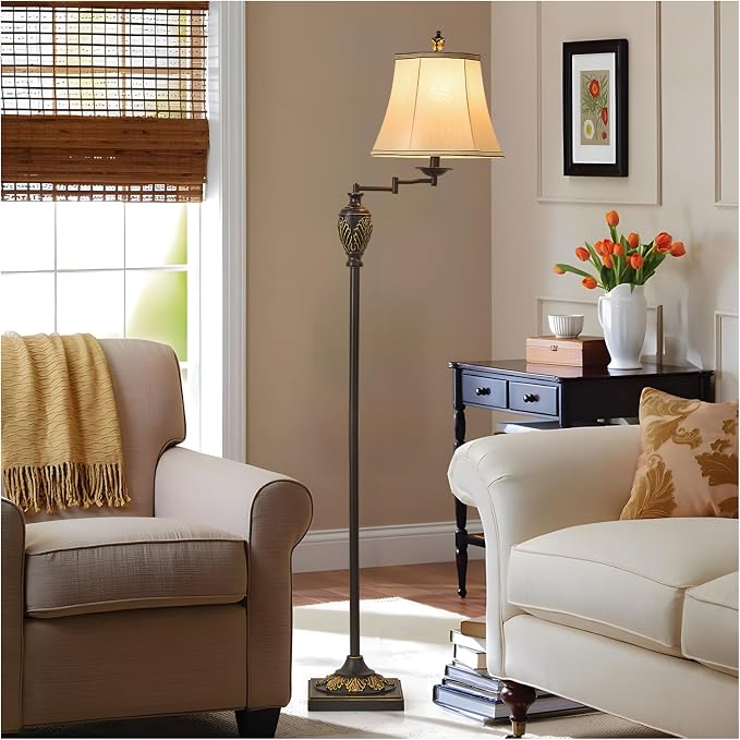 Traditional LED Floor Lamp with 350° Adjustable Swing Arm Lamp – Vintage Standing Pole lamp for Living Room, Bedroom and Office – Rustic Upright Floor Light for Home Décor with Silk Fabric Shade