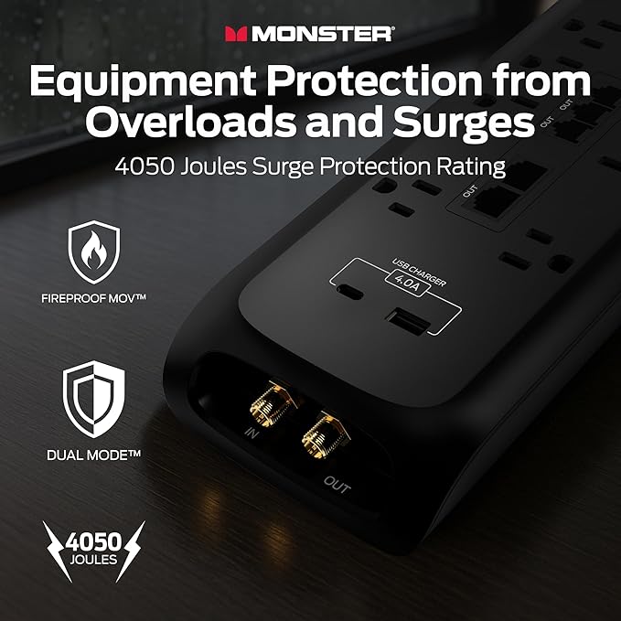 Monster Power Surge Protector w/ 4050 Joule Rating — Heavy Duty 6 FT Surge Protector Power Strip w/ 10 Outlets, 2 USB, 2 Coax, 2 Ethernet Ports — Fireproof MOV, Dual Mode, Clean Tech (Black)
