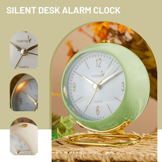 FLOITTUY Silent Table Analog Alarm Clock No Ticking, Lighted on Demand and Battery Operated, Beep Sounds, Small Desk Clock(Green)