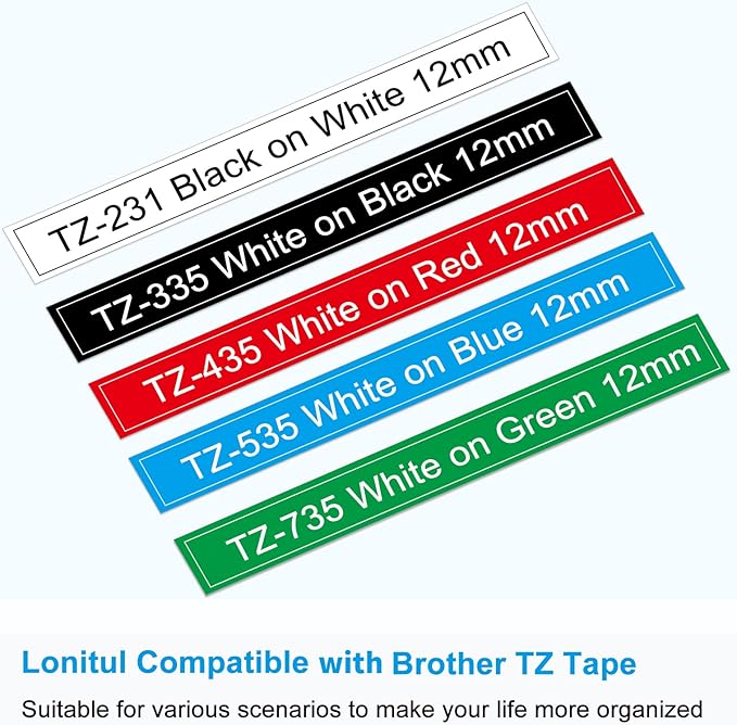 5 Multicolor TZ Tapes Replacement for Brother P Touch Label Tape TZe 12mm 0.47 Laminated Colored Tape TZe 231-735 White/Black/Red/Blue/Green for Brother Ptouch PTD210 PTP300BT PTD600 PT1280