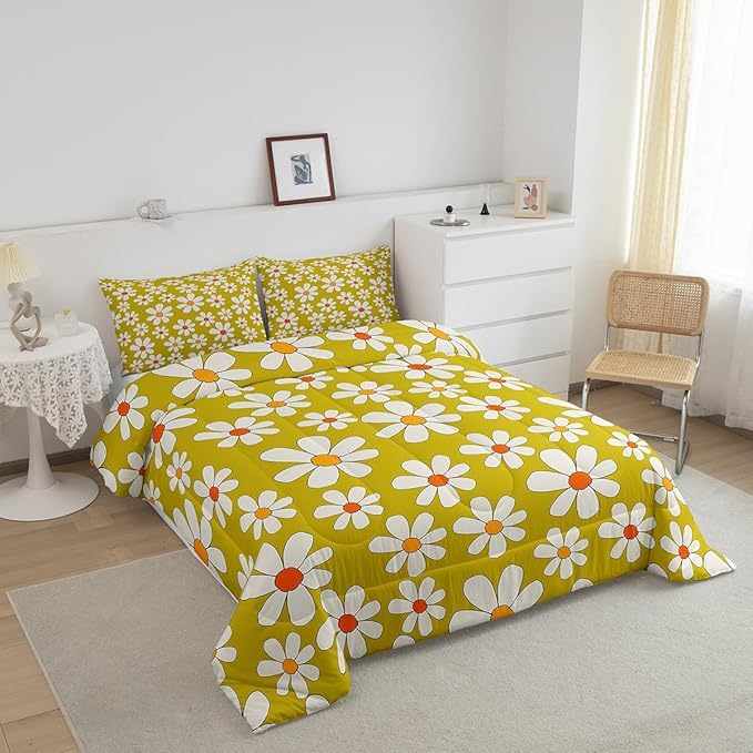 Hippie Flowers Comforter Set Full Size,70s Retro Floral Bedding Comforters Room Decor,Groovy Cartoon White Daisy Quilt Set with 2 Pillowcases,Teens Present
