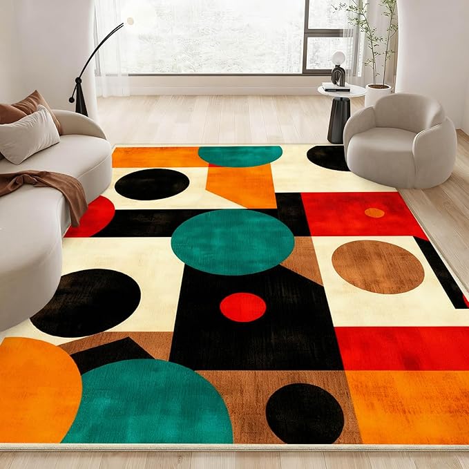 Geometric Rug, Mid Century Modern Rug, Abstract Colorful Geometric Rugs, Washable Non-Slip Soft Low Pile Vintage Abstract Carpet for Living Room, Bedroom (8' x 10'(Rectangular))