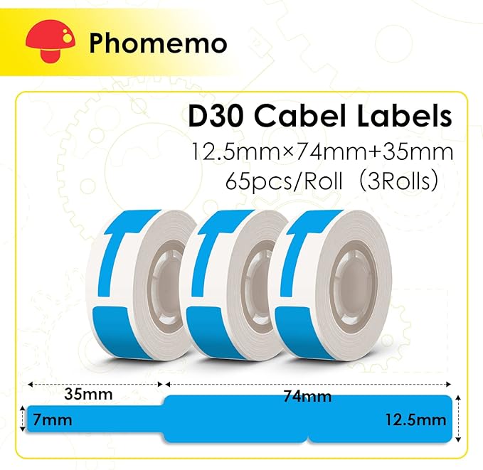 Phomemo D30 Cable Labels Colorful Waterproof Wire Cord Labels, (12.5mm X 74mm) 65 Labels/Roll, Tags Stickers Tear Resistant Flexible, Phomemo d30 Label Tape -Black on Blue Paper, 3 Roll