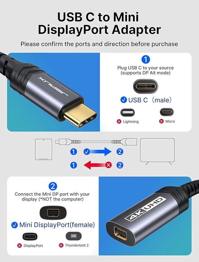 JSAUX USB C to Mini DisplayPort Adapter 4K@60Hz, Type C to Mini Display Port(Not for Thunderbolt 2) Cable, Compatible with MacBook Pro 2019 2018, Dell XPS, Samsung Galaxy S21 S20 Plus-Grey