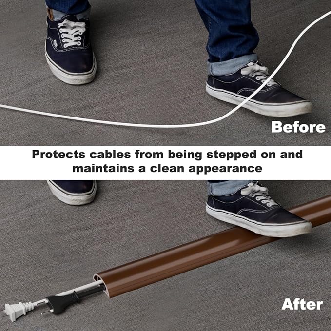 Kneelisa 10FT Side-Open Extension Cord Covers for Wires on Floor,Silicone Power Cable Protector Cord Hider Management Strip,Hide Electric Wire on Carpet,Chord Runner Protective Safety Wiremold,Brown