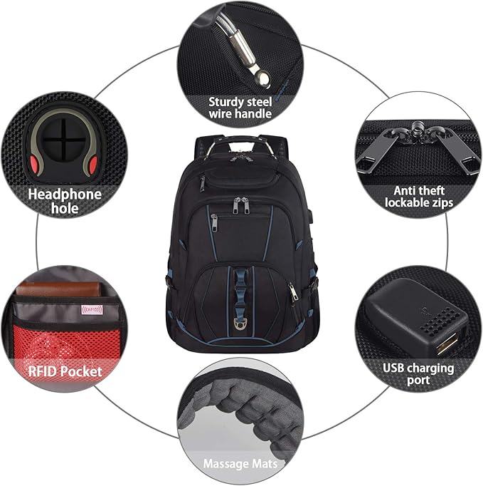 JCDOBEST Laptop Backpack, Blue, 55L Capacity, TSA Approved, Multipurpose, Convenient USB Port, Comfortable Back Design, Durable Polyester Fabric