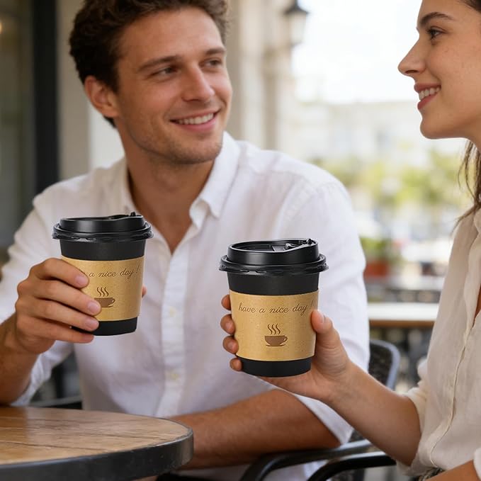 Lamosi 10 oz Coffee Cups with Lids 100 Pack, Disposable Coffee Cup with Stir Sticks and Sleeves, To Go Hot Paper Cup for Home, Travel, Office