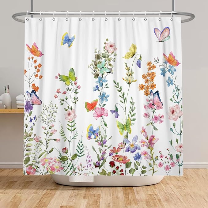 Spring Floral Butterfly Shower Curtain Summer Colorful Wildflowers Botanical Shower Curtain for Rustic Vintage Bathroom Decor Easter Shower Curtain Set 72x72 Inches