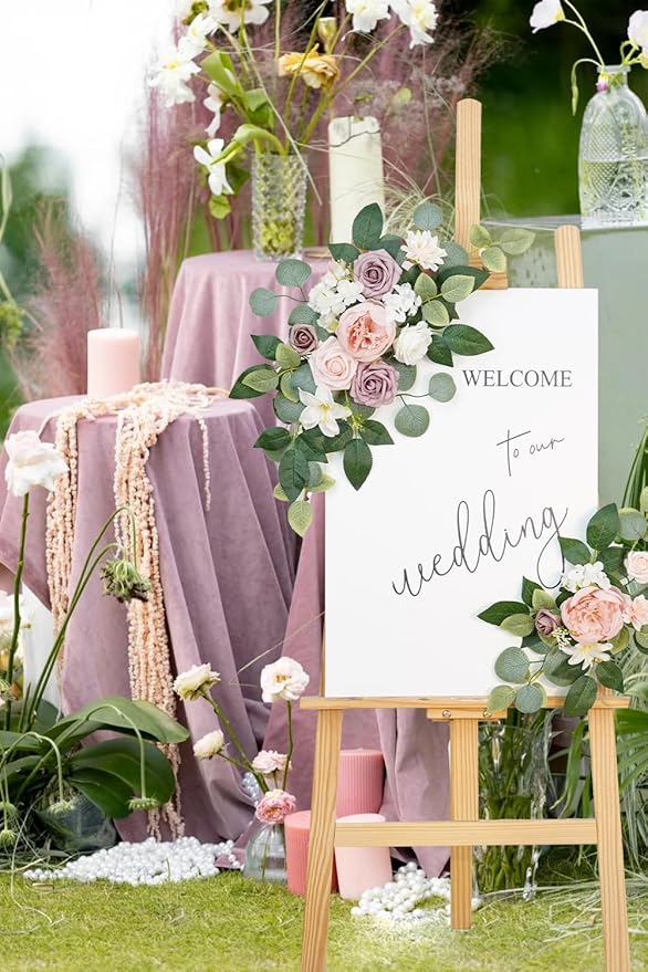 WEIERYUE(Pack of 2 Artificial Flowers Decorations,Artificial Arch Backdrop Garlandfor Ceremony Party Reception Entrance Welcome Easel Door Floral Decor Wall Home Entryway Outdoor(Bean Paste Powder)
