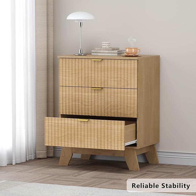 BORNOON Fluted 3 Drawer Dresser, 30.3" Tall Compact Modern Boho Chest of Drawers, Wooden Storage Cabinet for Bedroom, Living Room, Entryway, Curved Profile Design