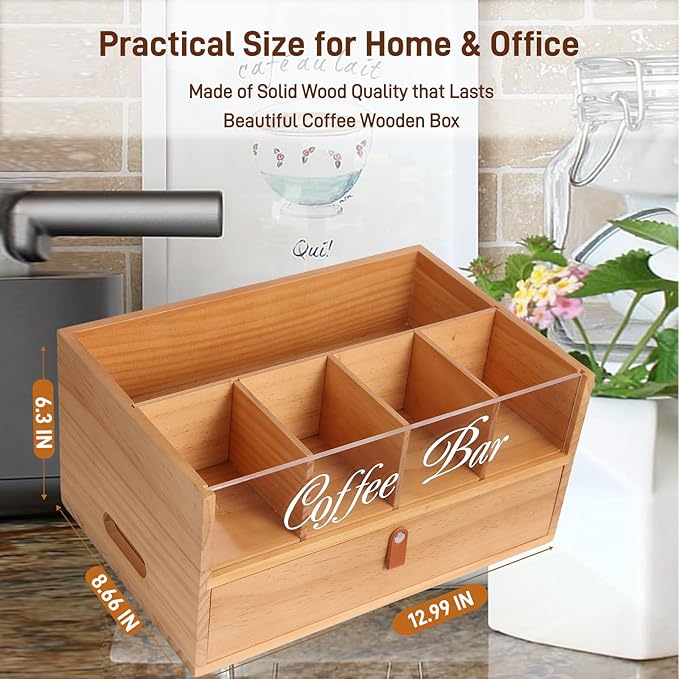Intarsio 2-Tier Coffee Bar Organizer with Clear Acrylic Top, Built-in Drawer and Leather Handle Pull for Countertop, Stylish Coffee Station Storage Box for Accessories, Pods, Great Gifts for Home