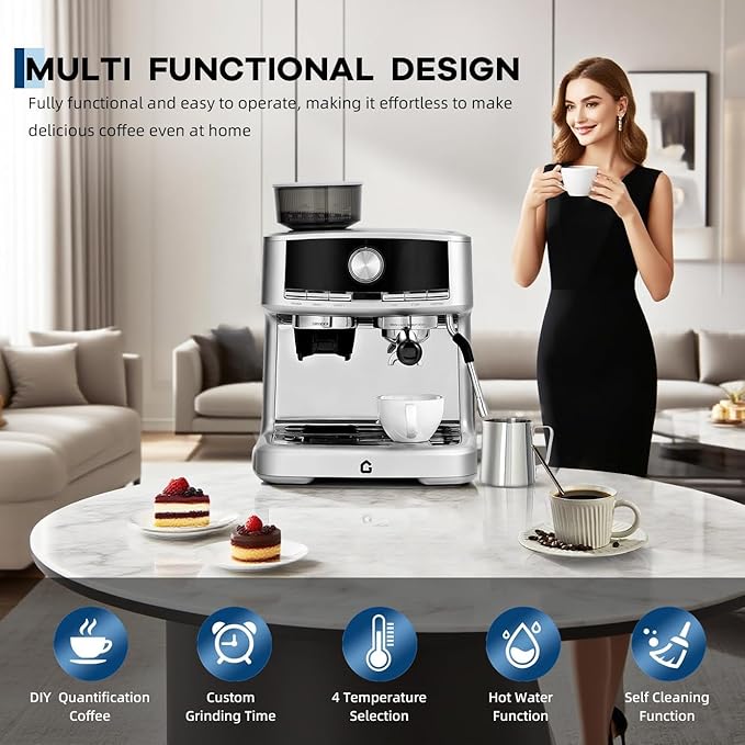 20 Bar Espresso Machine with Built-in Grinder, Stainless Steel Coffee Maker with Milk Frother Steam Wand, 1.5L Removable Water Tank, Adjustable Shot Volume for Home & Office