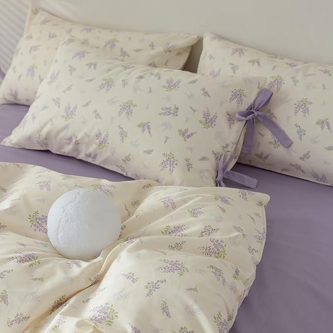 Cotton Duvet Cover King Chic Purple Floral Bedding Set Vintage Botanical Lavender Flower Duvet Cover Garden Style Lilac Floral Comforter Cover with Zipper Closure Girls Cottagecore Bedding Set King