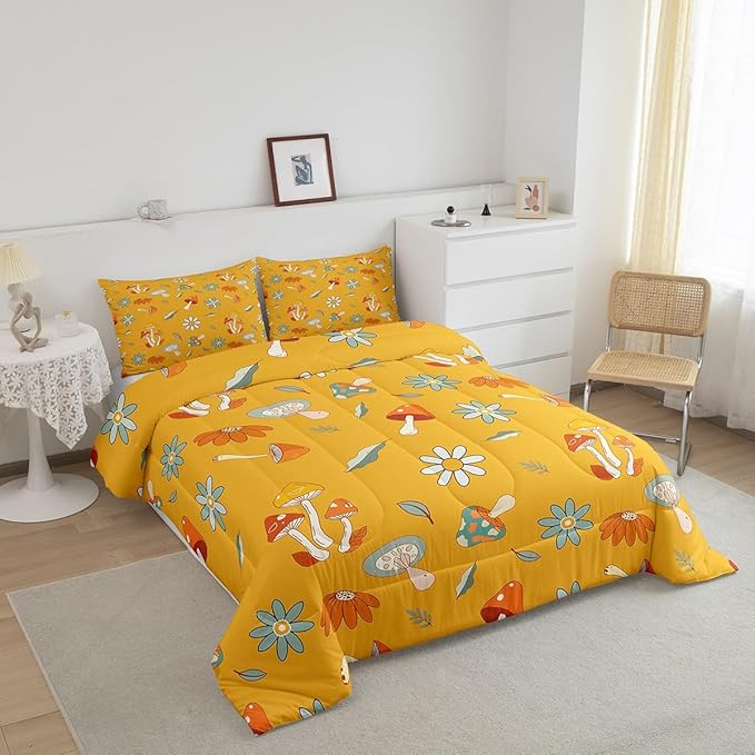 Castle Fairy Retro Hippie Mushroom Twin Size Comforter Set,Groovy Flowers Floral Duvet Set with 1 Pillowcase for Kids BoysYellow Boho Soft Microfiber Bedding Comforters